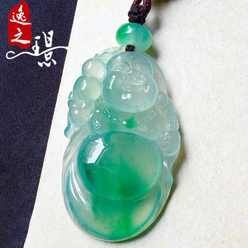 逸之璟缅甸老坑天然a货翡翠玉石雕刻冰种飘绿布袋佛翡翠吊坠女士
