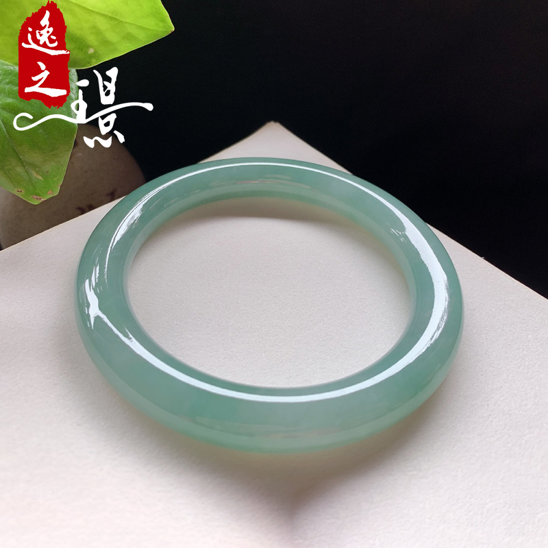 逸之璟 天然缅甸老坑a货翡翠高冰种油青圆条翡翠手镯子55圈口女士