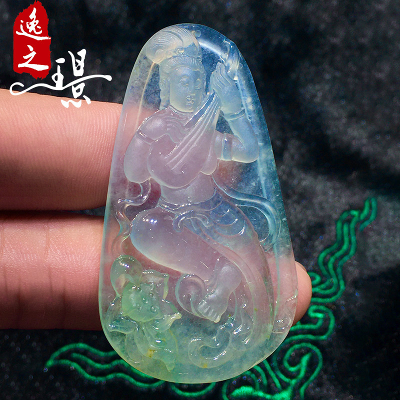 逸之璟天然缅甸老坑a货翡翠玉石雕刻冰种飘花飞天仙女翡翠吊坠女