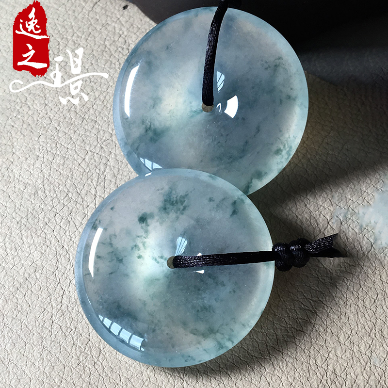 逸之璟 缅甸老坑天然a货翡翠玉石雕刻高冰飘花平安扣一对翠吊坠女
