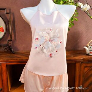 刺绣肚兜套装复古中国风女士夏季新款绣花露背式性感吊带睡衣薄款