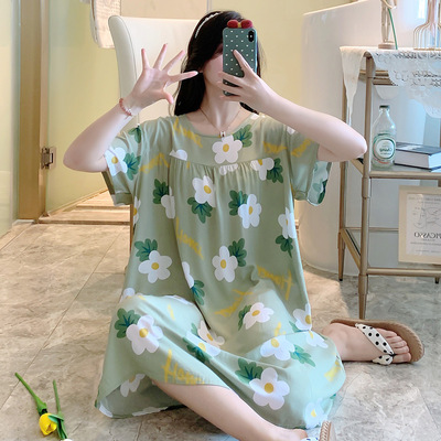 春秋款睡裙女士可爱棉绸短袖大码人造棉年新款睡衣夏家居服夏