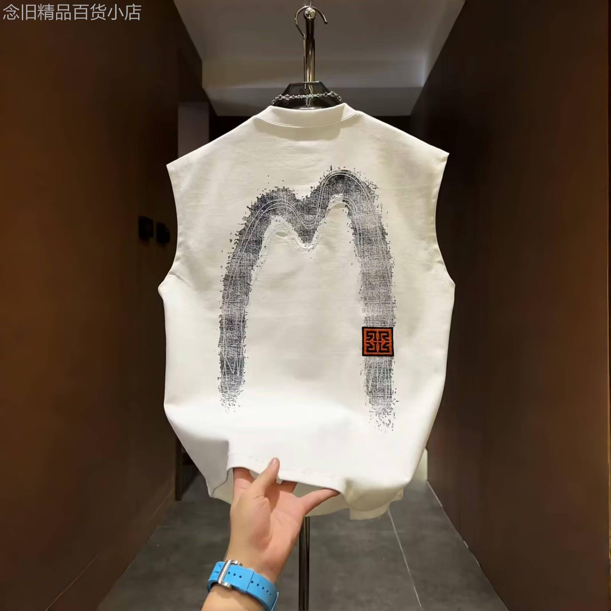 夏季新款M字母印花圆领无袖T恤潮牌美式潮流痞帅运动坎肩背心时尚