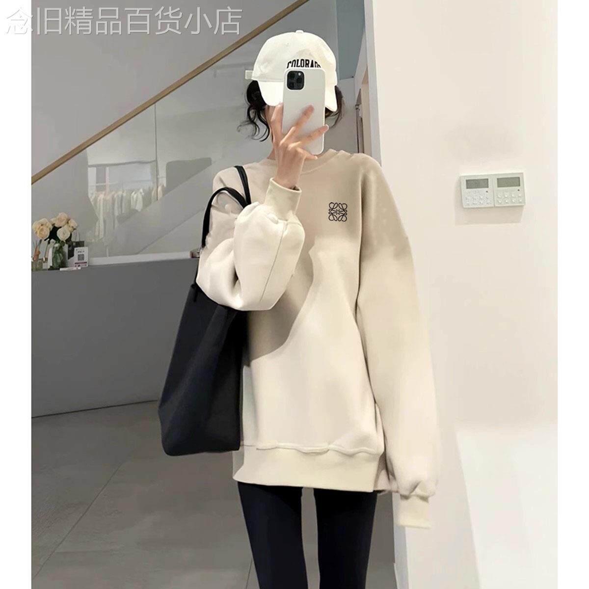 杏色无帽卫衣女士2025秋冬新款减龄字母印花上衣宽松长款大版外套