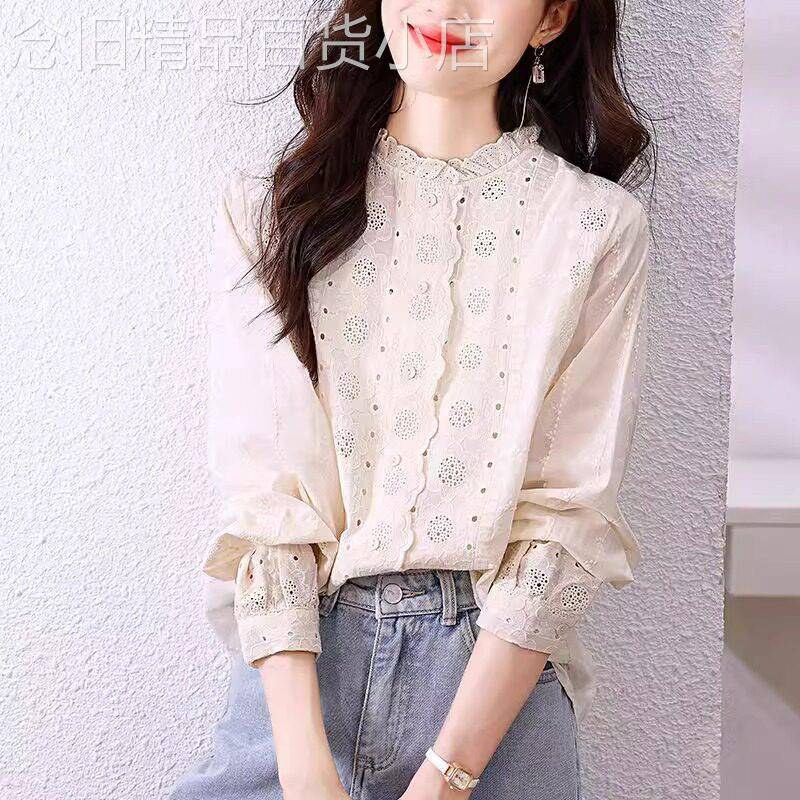 衬衫女春秋纯棉2025新款宽松复古洋气减龄百搭蕾丝木耳领刺绣上衣