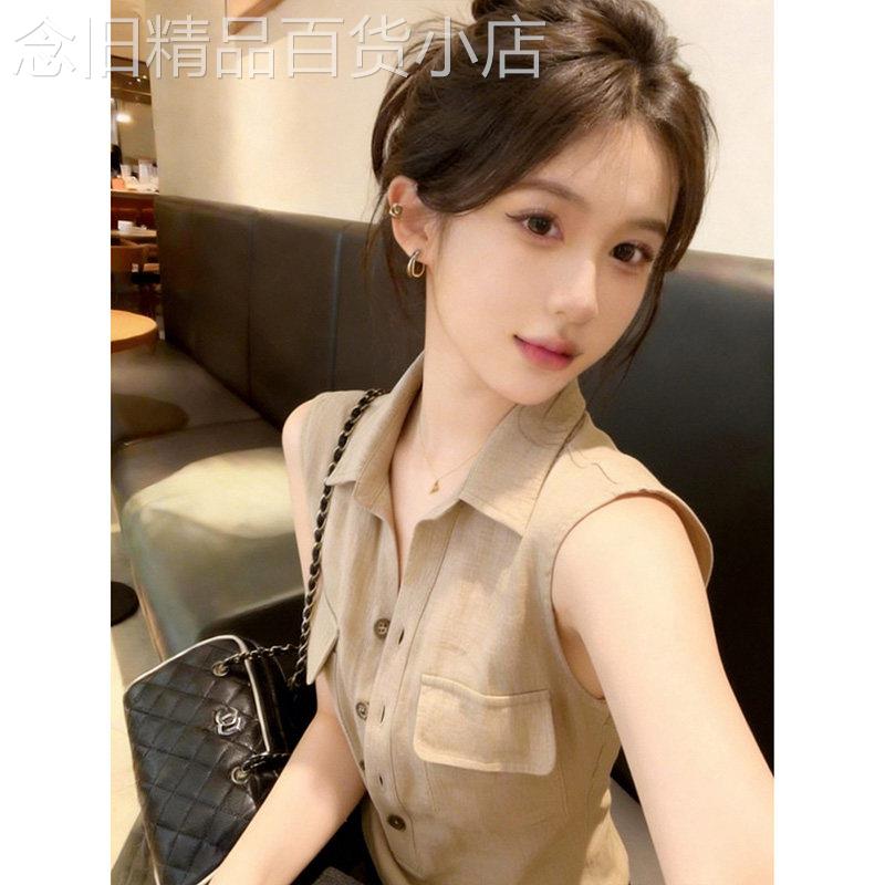 卡其色工装无袖背心衬衫女款2026新款夏季设计感小众减龄衬衫上衣