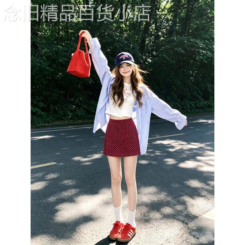 红色波点高腰半身裙子女士2026夏季新款小个子辣妹修身显瘦包臀裙
