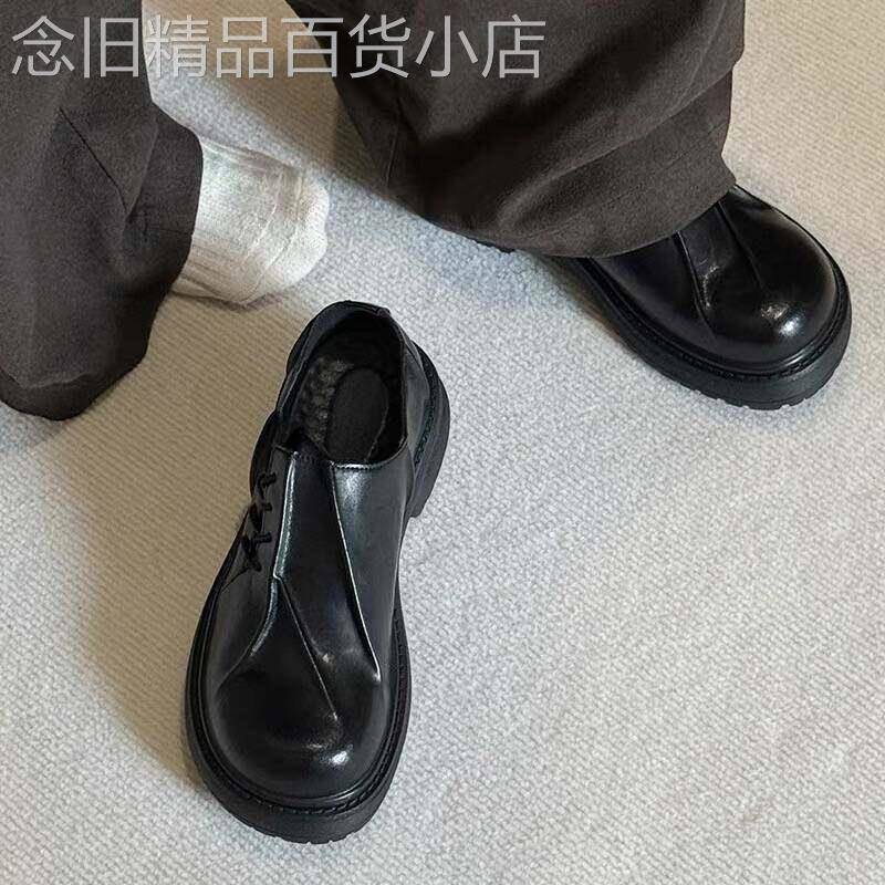 【高品质】德比鞋男款黑色大头皮鞋英伦风褶皱增高夏季通勤鞋子女