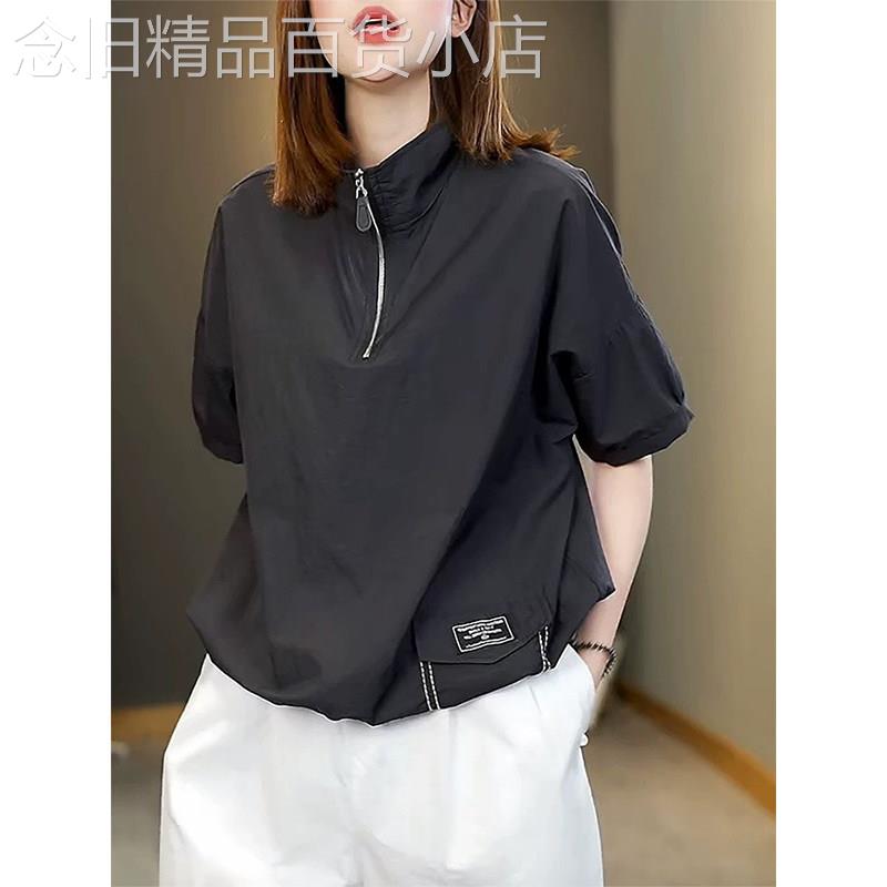 黑色半拉链立领短袖衬衫女夏季设计感抽绳今年流行的爆款女装上衣