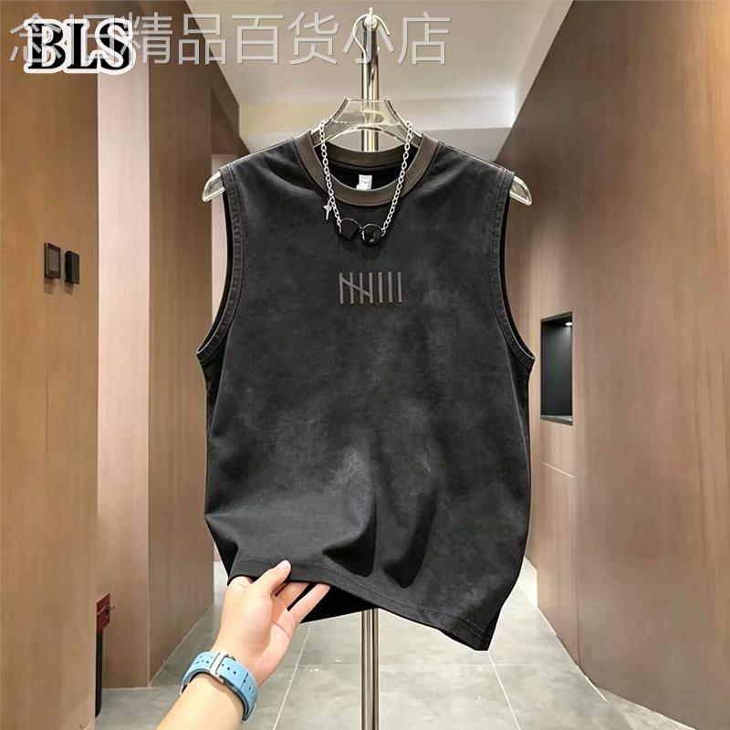 高端扎染拼色坎肩背心男款夏季2026新款百搭休闲刺绣男士无袖T恤