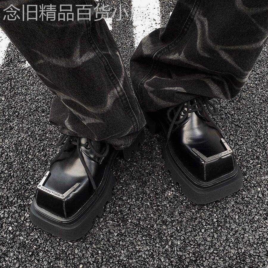 潮牌新款男鞋暗黑重工金属方头皮鞋男设计感松糕底皮面大头德比鞋