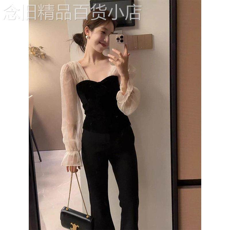 黑色方领长袖丝绒衬衫女秋冬欧货网纱拼接喇叭袖内搭减龄洋气上衣