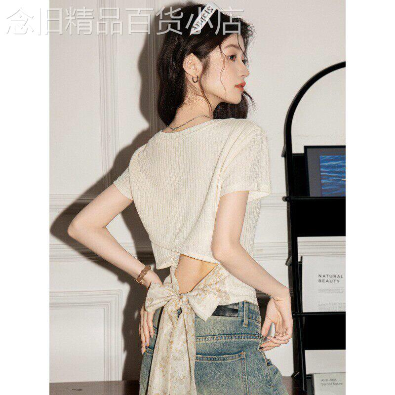 后背镂空蝴蝶结绑带短袖T恤女夏季2026新款法式纯欲短款辣妹上衣