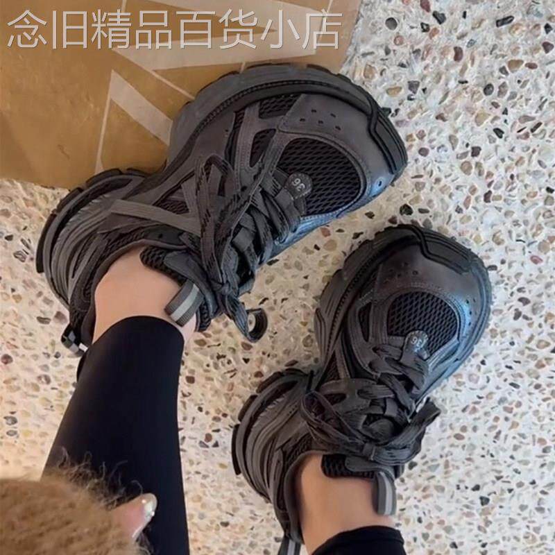 香港复古网面厚底老爹鞋女2025秋新款时尚百搭圆头增高休闲运动鞋