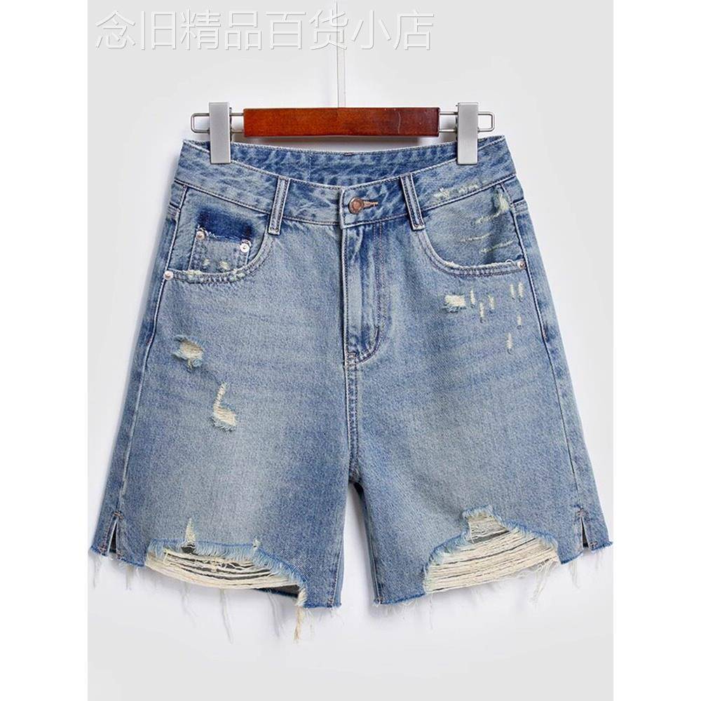 破洞牛仔短裤女夏季薄款2025新款大码高腰显瘦A字宽松直筒五分裤