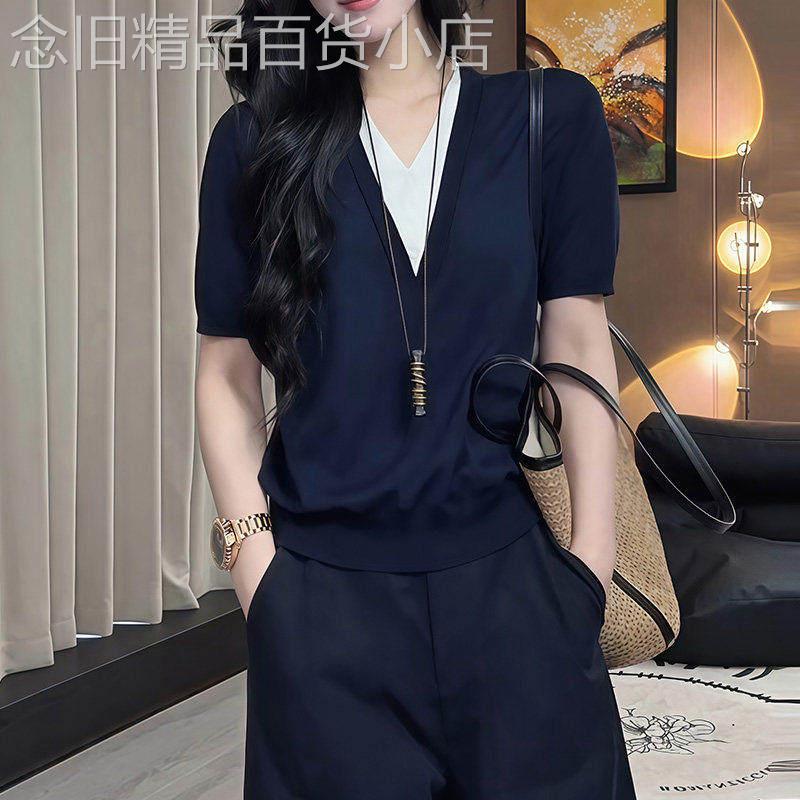 潮牌时尚休闲V领撞色拼接短款收腰高级感气质上衣女2026夏季新款