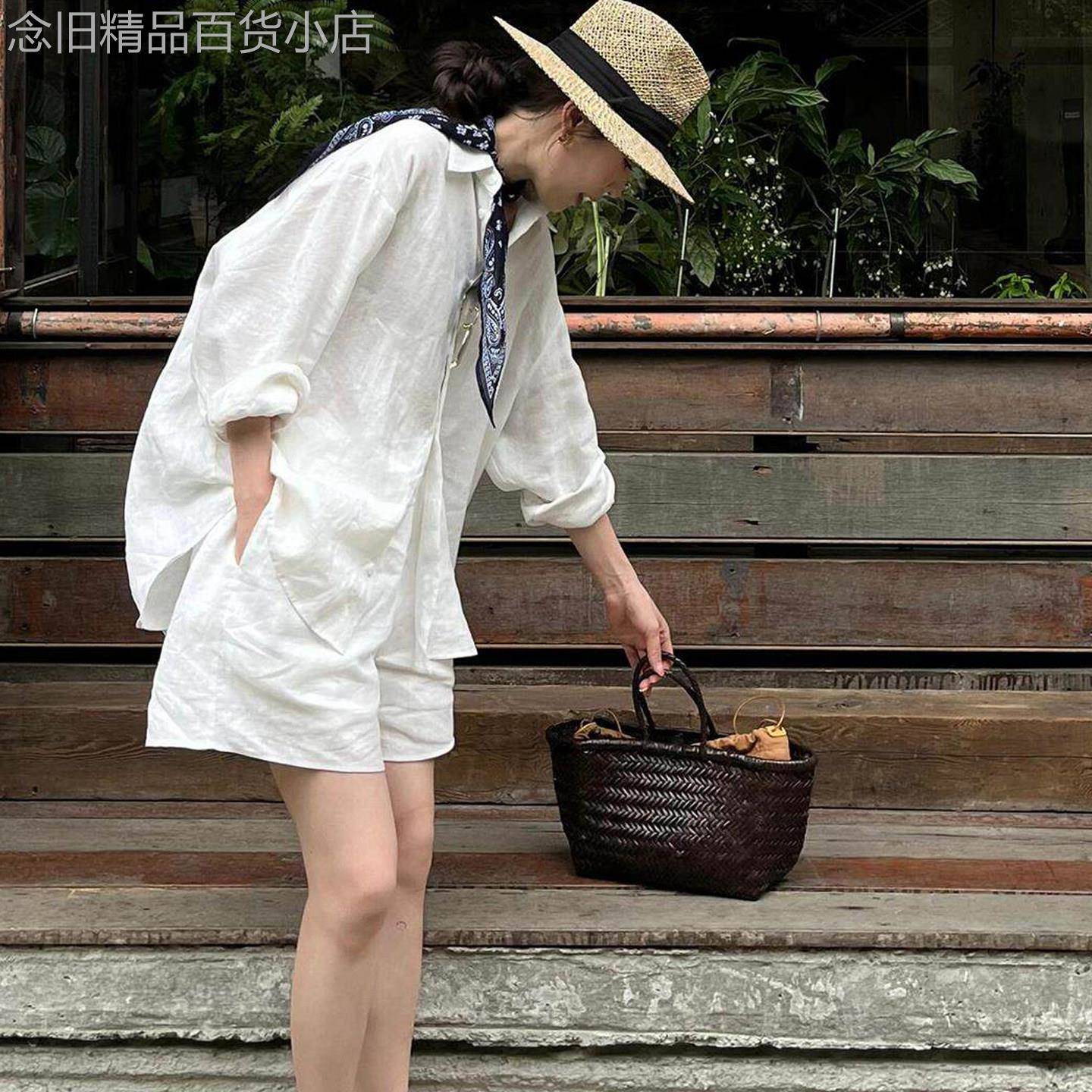 韩国女夏季高智感白色天然亚麻衬衫短裤松弛高级棉麻穿搭防晒两件