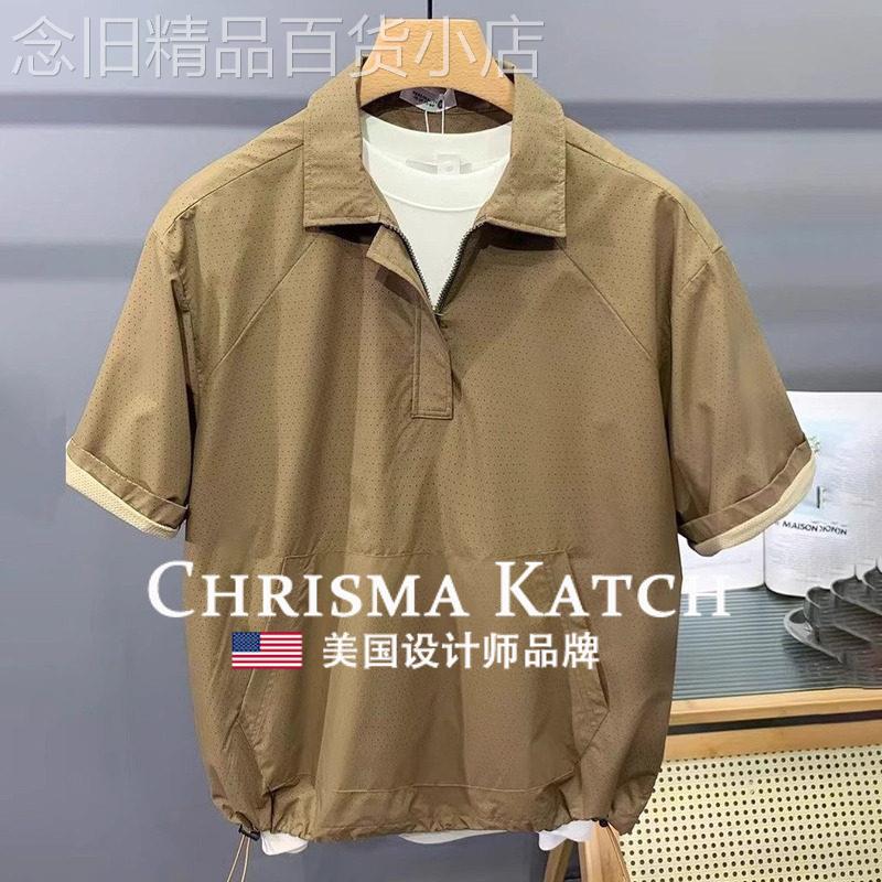 出口美国⭐Chrisma Katch~半拉炼工装短袖衬衫男夏季翻领薄款T恤