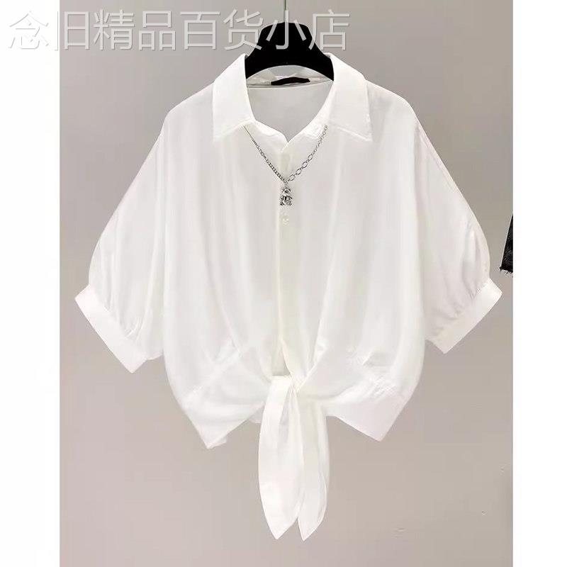 黑色短袖衬衫女夏季新款高级感收腰白色雪纺衫衬衫蝙蝠袖短款上衣