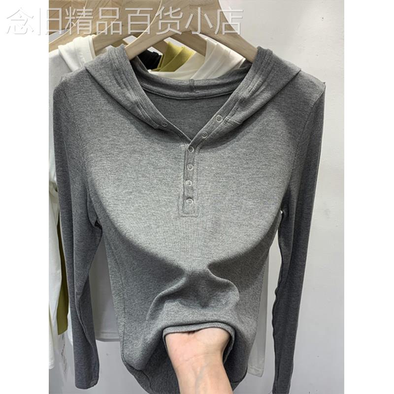 纯棉连帽T恤打底衫女春秋欧货新款修身V领钮扣长袖纯色半开领上衣