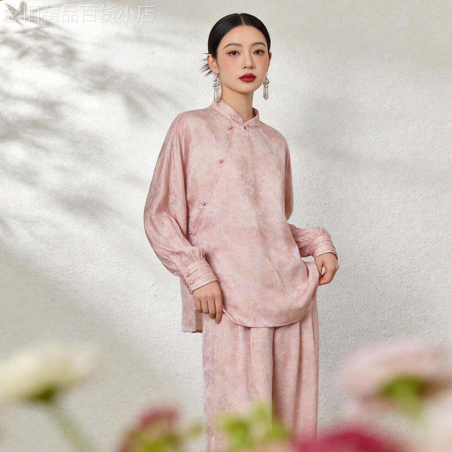 新中式衬衫女高腰直筒休闲裤国风套装时尚洋气减龄显瘦遮肉两件套