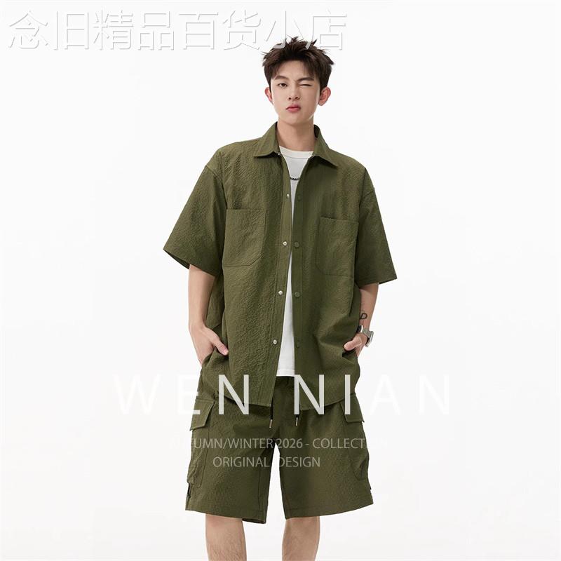 韩国WEN NIAN工装短袖衬衫套装男款2026春夏季休闲运动上衣两件套