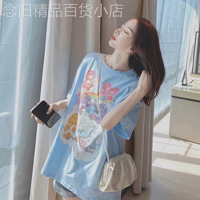潮牌短袖卡通小熊印花T恤女夏季韩版宽松中长款洋气圆领半袖上衣
