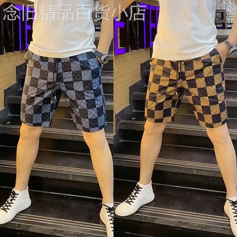 夏季薄款格子短裤男士时尚冰丝潮流速干沙滩裤网红休闲拼色五分裤
