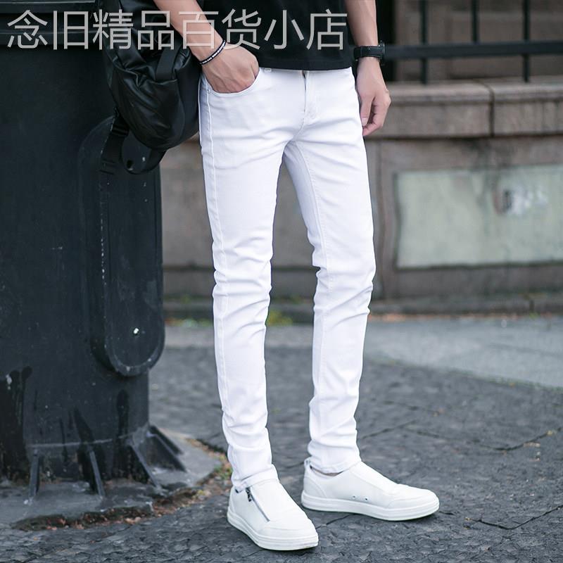 香港高端防水耐脏白色牛仔裤男修身小脚韩版休闲白色裤子男潮夏季