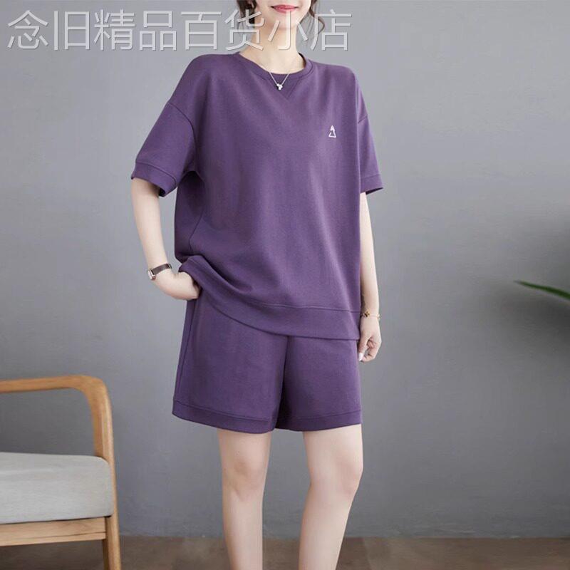 大尺码宽松休闲短裤两件套女圆领遮肉夏装短袖T恤运动服套装女夏