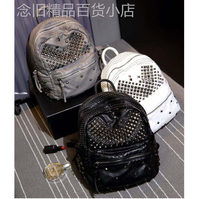 韩国代购明星同款双肩包铆钉韩版软皮妈咪包包女 真皮旅行揹包