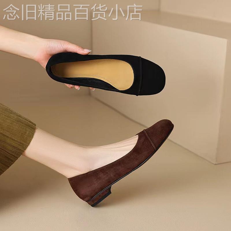春夏新款法式复古配裙子单鞋女粗低跟真皮磨砂浅口瓢鞋软底豆豆鞋
