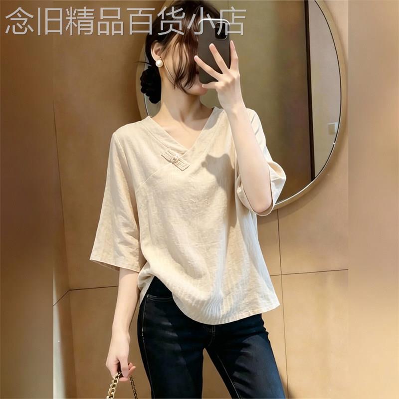潮牌2026夏季纯色V领亚麻衬衫T恤女胖MM韩版时尚五分袖棉麻上衣服