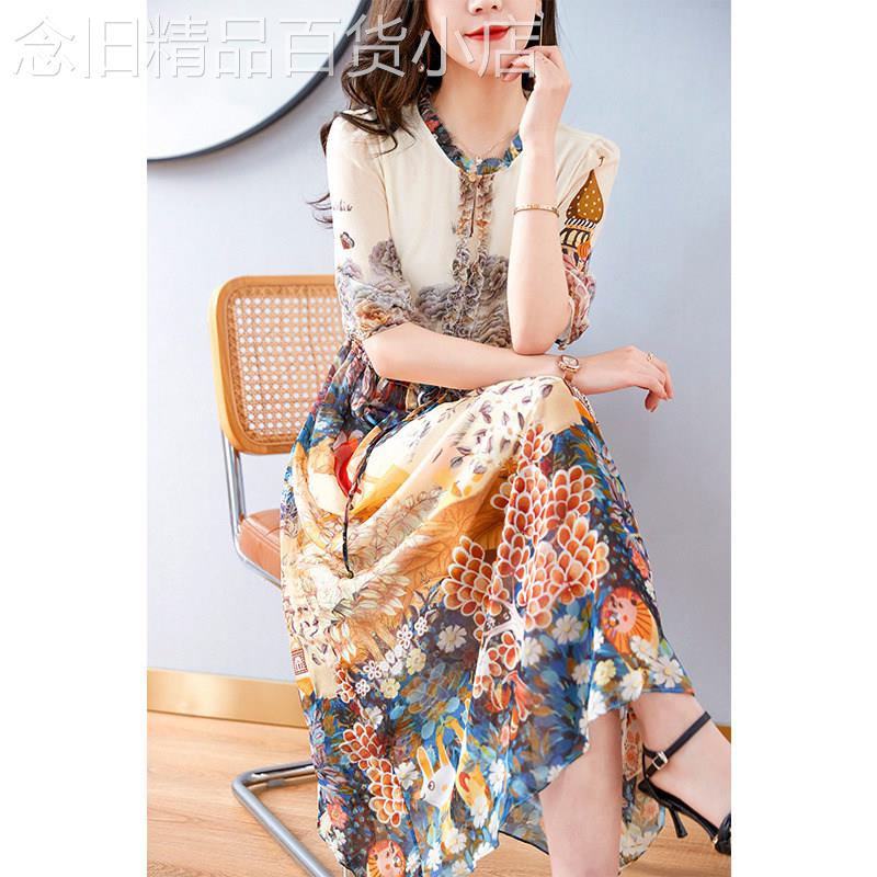 香港夏季爆款高级感民族风连衣裙女时尚轻熟风印花过膝中袖长裙子