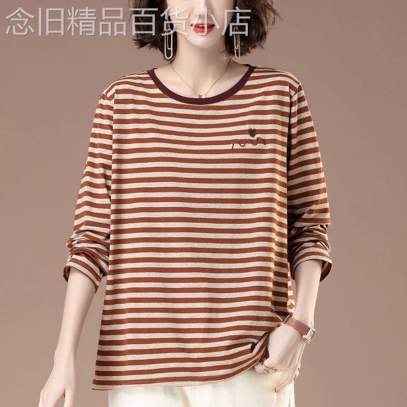中老年妈妈圆领经典条纹长袖t恤女春季2026新款宽松大码纯棉上衣