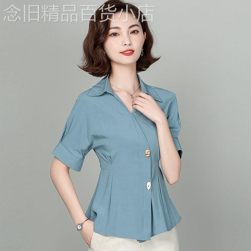 雪纺衬衫女士夏季2026年新款收腰显瘦小衫时尚洋派短袖遮肚子上衣
