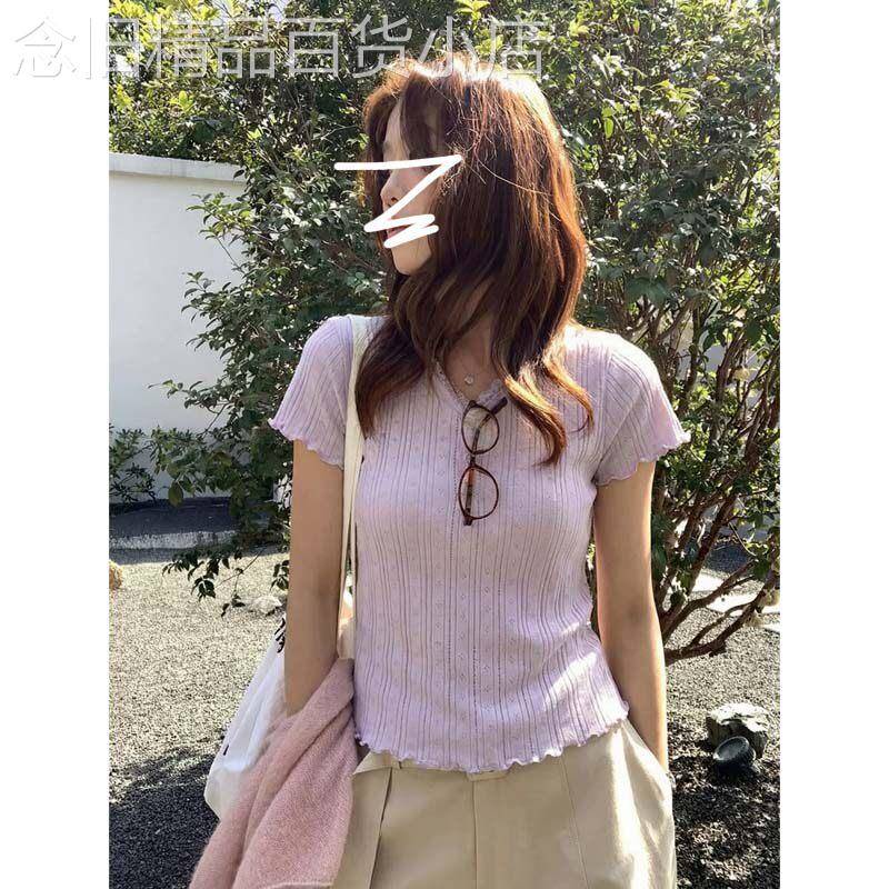 法式紫色V领针织短袖t恤女夏季2026欧货独特漂亮木耳边超好看上衣