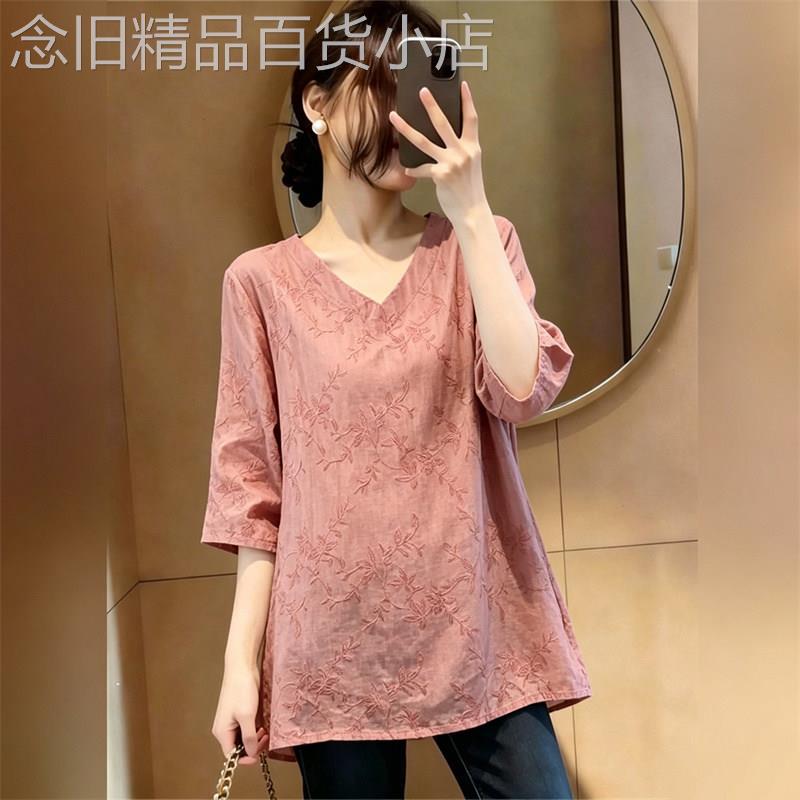 潮牌新中式棉麻衬衫女夏中长版大尺码宽松国风刺绣高端亚麻上衣小