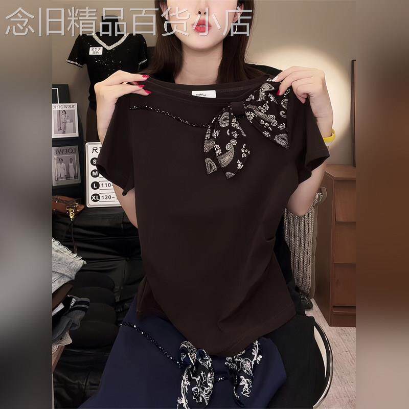 潮牌法式高级感丝巾斜领短袖T恤女2026夏季大尺码显瘦遮肚独特上