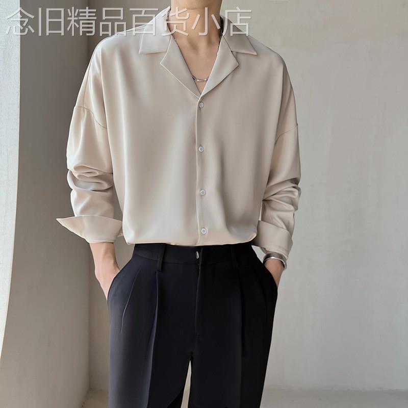 冰丝长袖衬衫男士春季日系高级感痞帅翻领衬衣纯色免烫抗皱上衣服