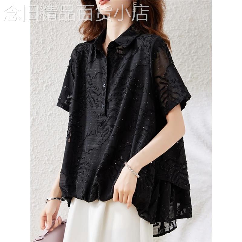 短袖衬衫女2026新款夏季设计感小众减龄气质洋派漂亮小衫黑色上衣