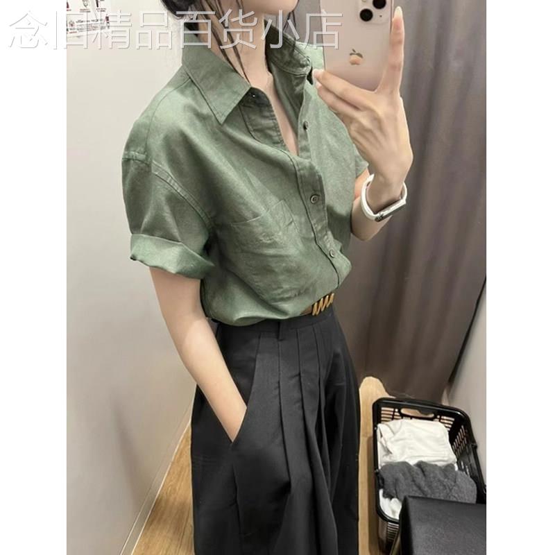 日系高级感绿色棉麻正肩短袖衬衫女夏季薄款亚麻超好看polo领上衣