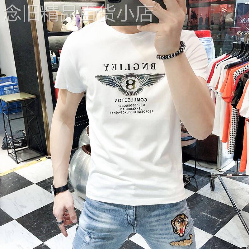 夏季薄款修身男士短袖T恤丝光棉潮牌字母印花烫钻时尚休闲T恤衫