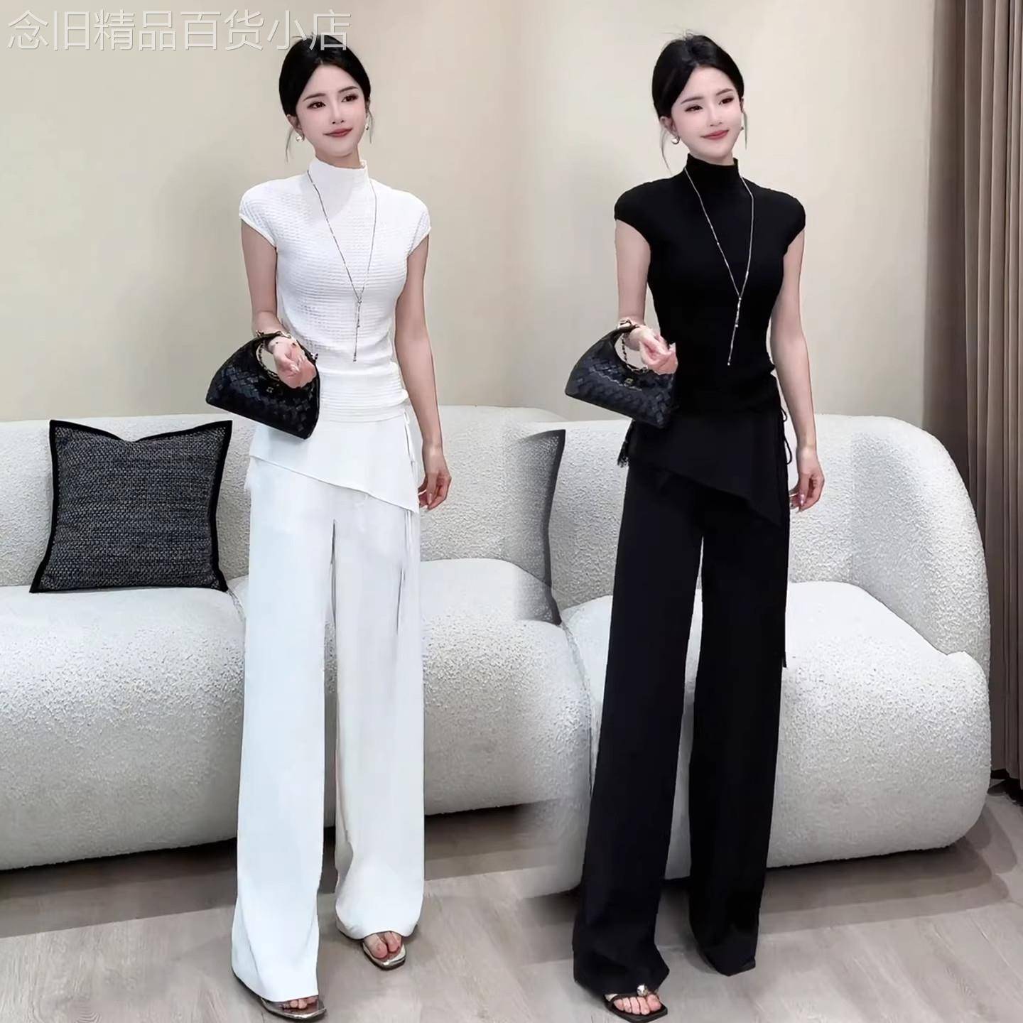 香港代购时尚套装女2026夏新款针织短袖T恤蕾丝屁帘阔腿裤两件套