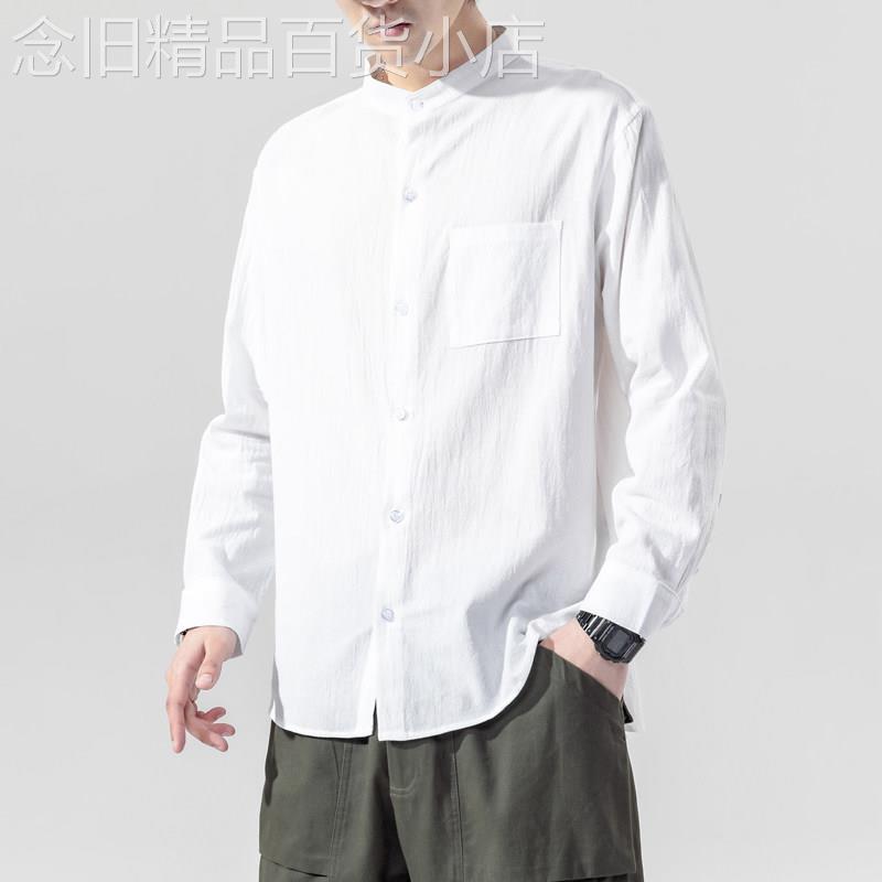 it neith BIAS潮牌白色立领长袖衬衫男韩版亚麻潮流纯棉简约纯色