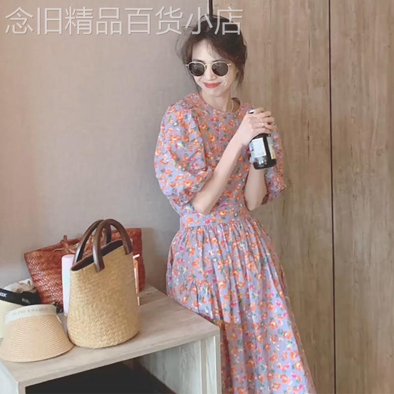法式泡泡袖粉色碎花洋装女夏2026新款温柔风独特漂亮收腰长裙子