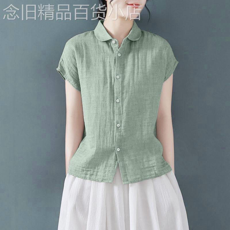 短袖衬衫女2026夏季设计感宽松显瘦无袖棉麻衬衣大码亚麻休闲上衣