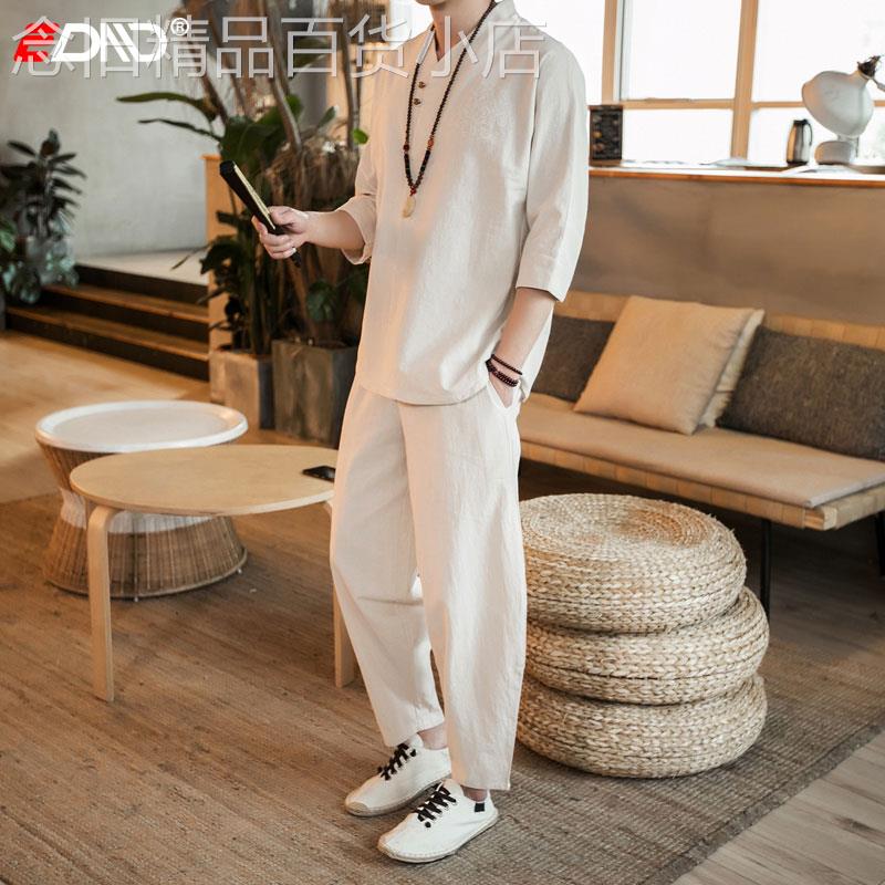 中国风亚麻套装男士短袖T恤2026夏季新款汉服新中式棉麻唐装春秋