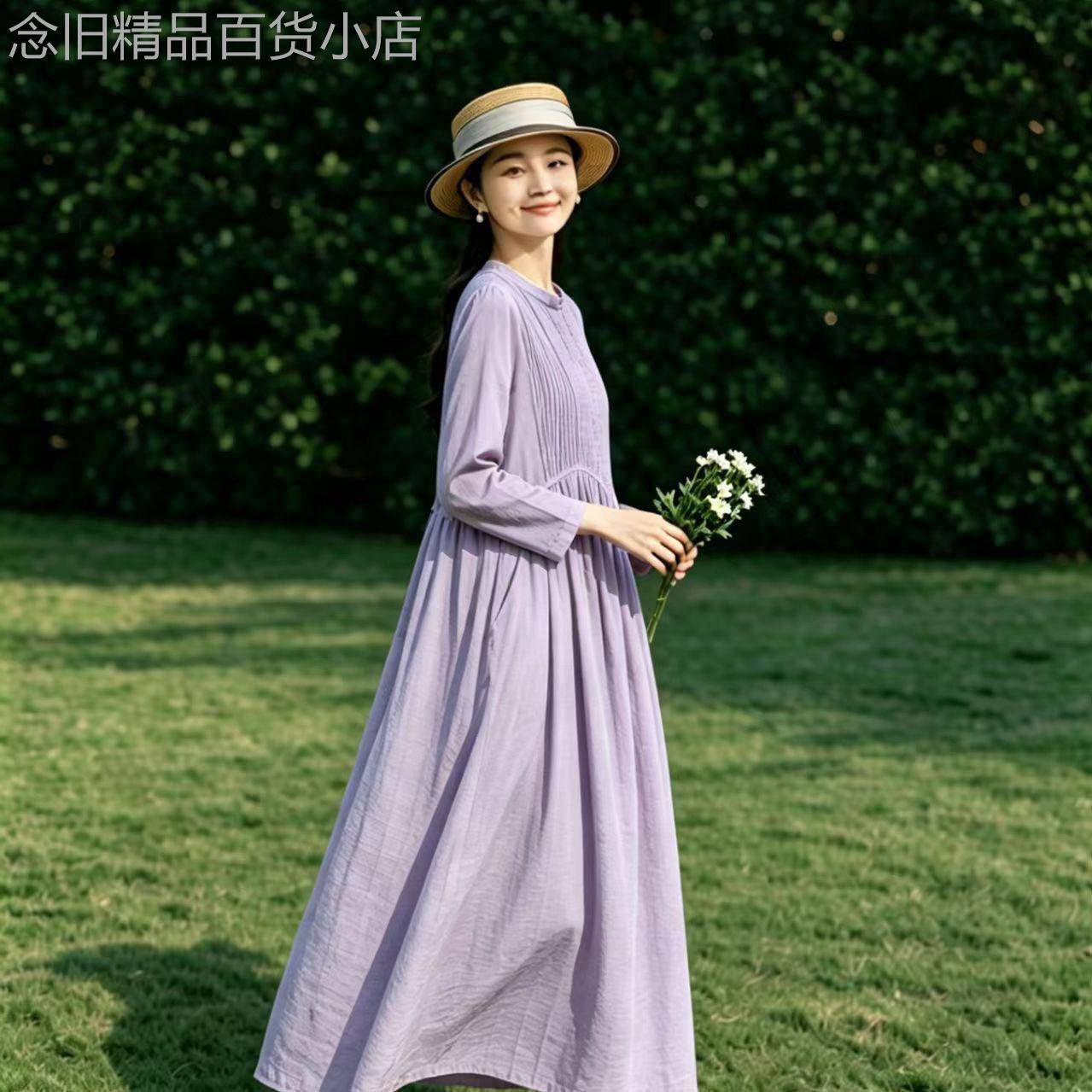 2026春夏纯色高端棉质长袖洋装轻薄圆领重工艺抽褶气质文艺长裙