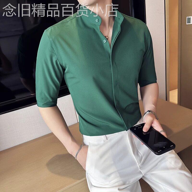 高级感薄款立领暗扣衬衫男士短袖新款纯色高级感冰丝七分半袖衬衣